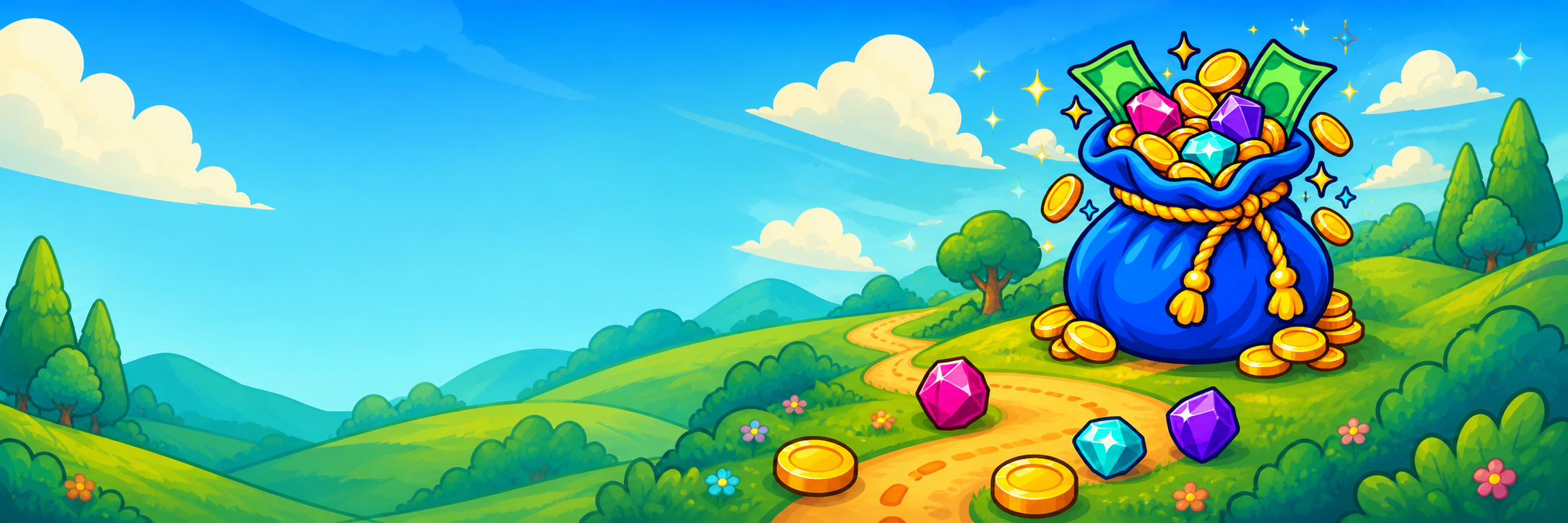 A colorful trail winding through hills toward a blue treasure bag filled with coins and gems